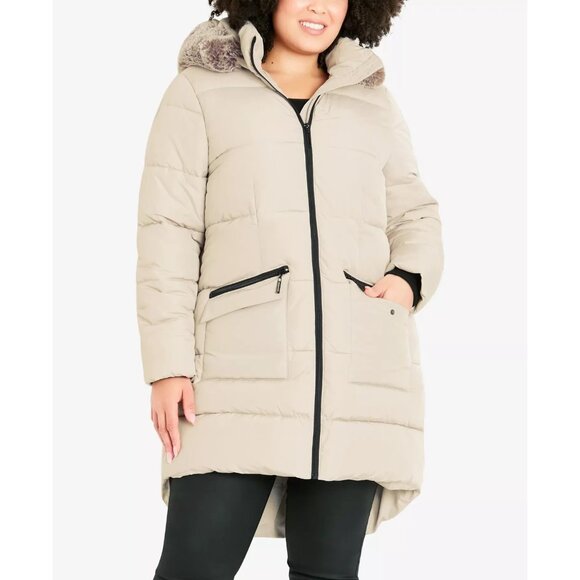 AVENUE Plus Size Contrast Zip Faux Fur Trim Hooded Coat Cement Gray Size 24 $175